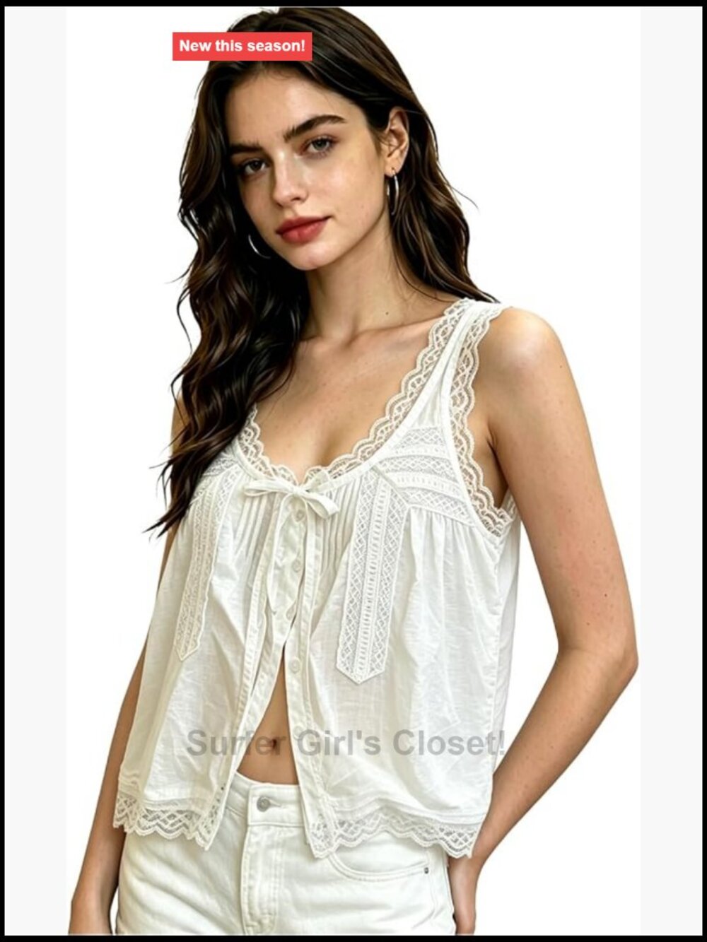 Boho Lace Trim Tie Front Tank Top 100% Cotton Flowy Crop Button Down